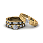 Load image into Gallery viewer, princess-cut-engraved-trio-matching-diamond-wedding-sets-with-black-diamond-in-18K-yellow-gold-FD8225TPRGBLACK-NL-YG?v=1756184721
