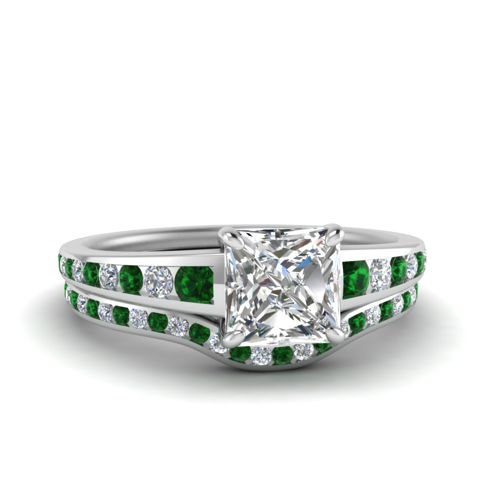 princess-cut-graduated-channel-diamond-wedding-set-with-emerald-in-FD122866PRGEMGR-NL-WG