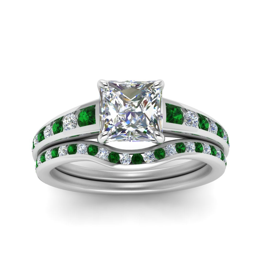 princess-cut-graduated-channel-diamond-wedding-set-with-emerald-in-FD122866PRGEMGR-NL-WG