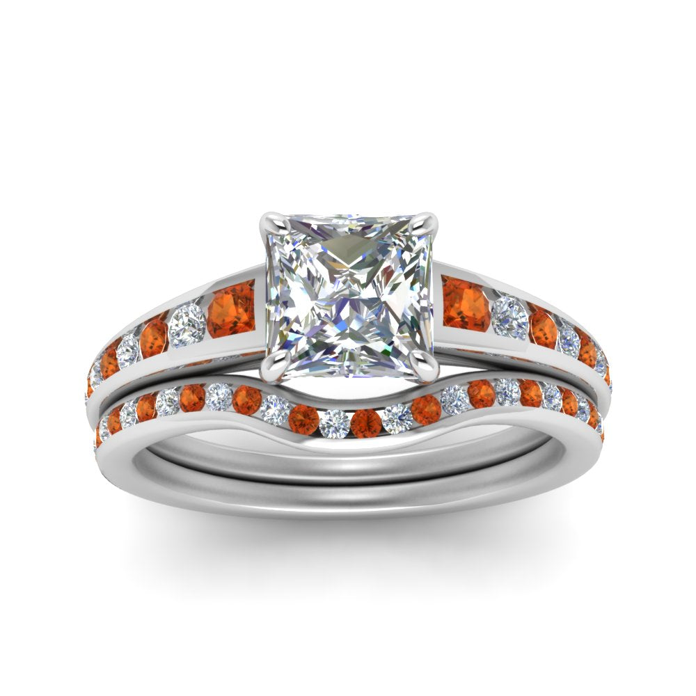 princess-cut-graduated-channel-diamond-wedding-set-with-orange-sapphire-in-FD122866PRGSAOR-NL-WG