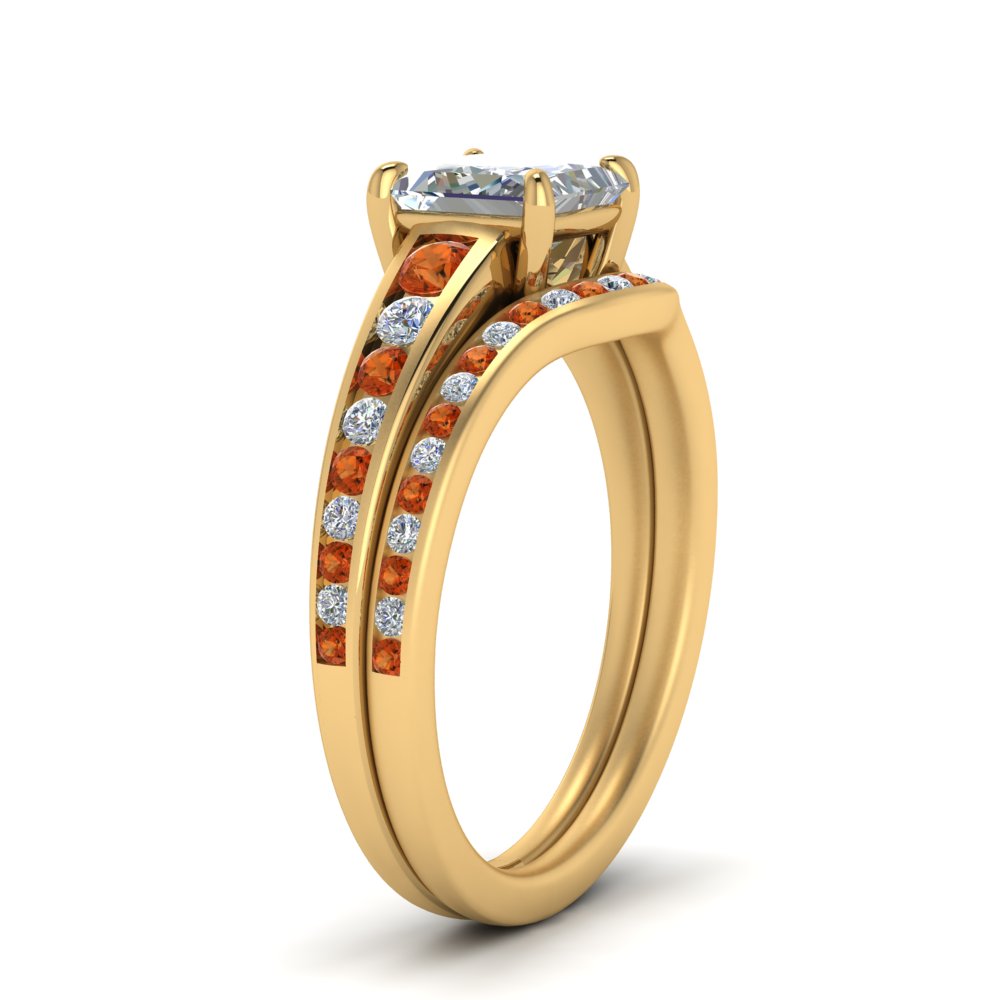 princess-cut-graduated-channel-diamond-wedding-set-with-orange-sapphire-in-FD122866PRGSAOR-NL-YG