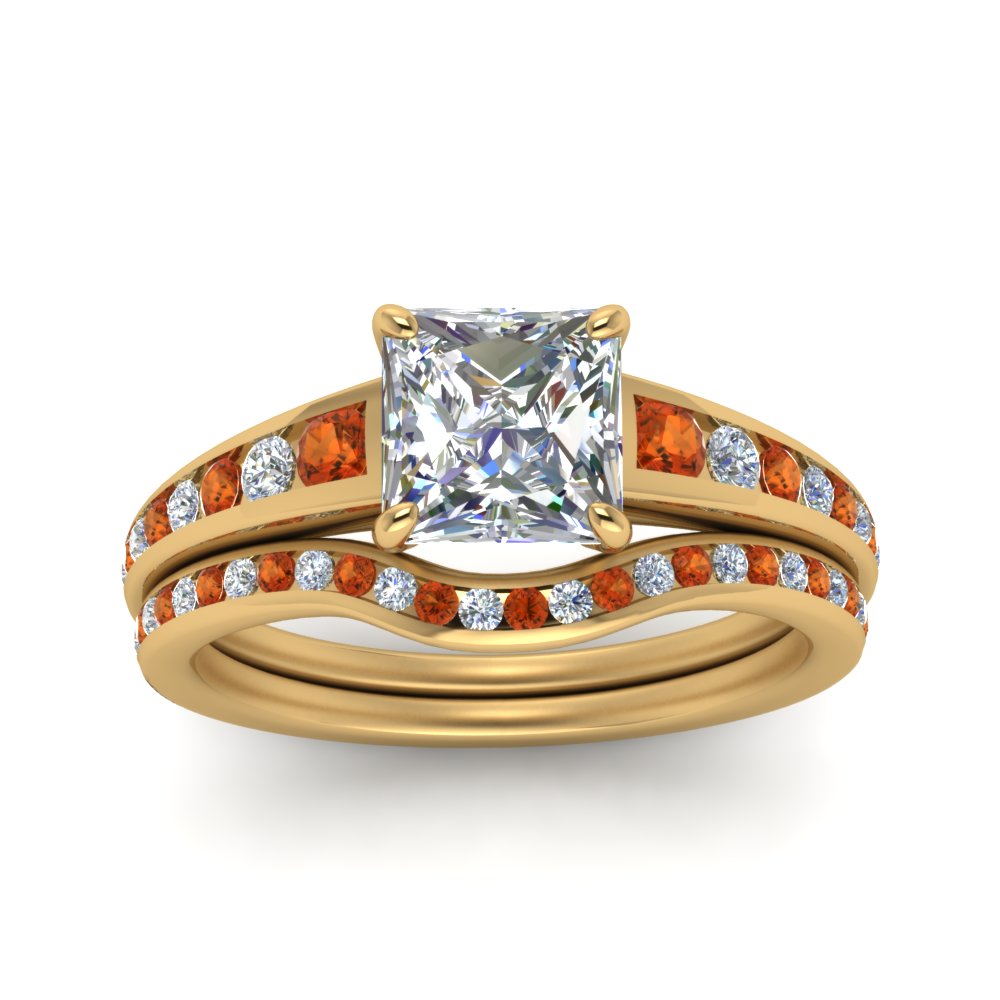 princess-cut-graduated-channel-diamond-wedding-set-with-orange-sapphire-in-FD122866PRGSAOR-NL-YG