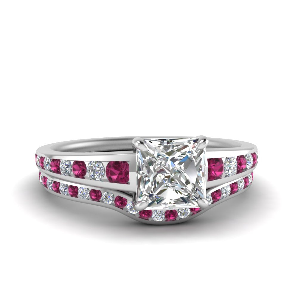 princess-cut-graduated-channel-diamond-wedding-set-with-pink-sapphire-in-FD122866PRGSADRPI-NL-WG