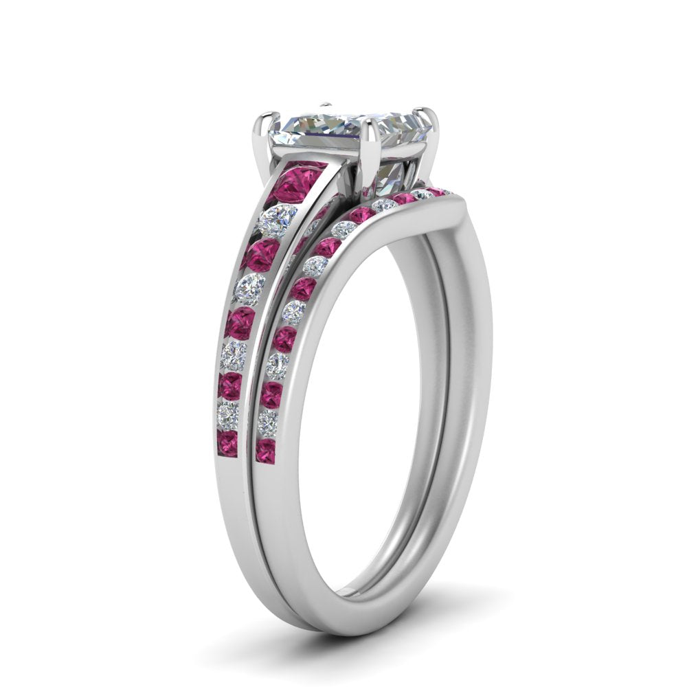 princess-cut-graduated-channel-diamond-wedding-set-with-pink-sapphire-in-FD122866PRGSADRPI-NL-WG