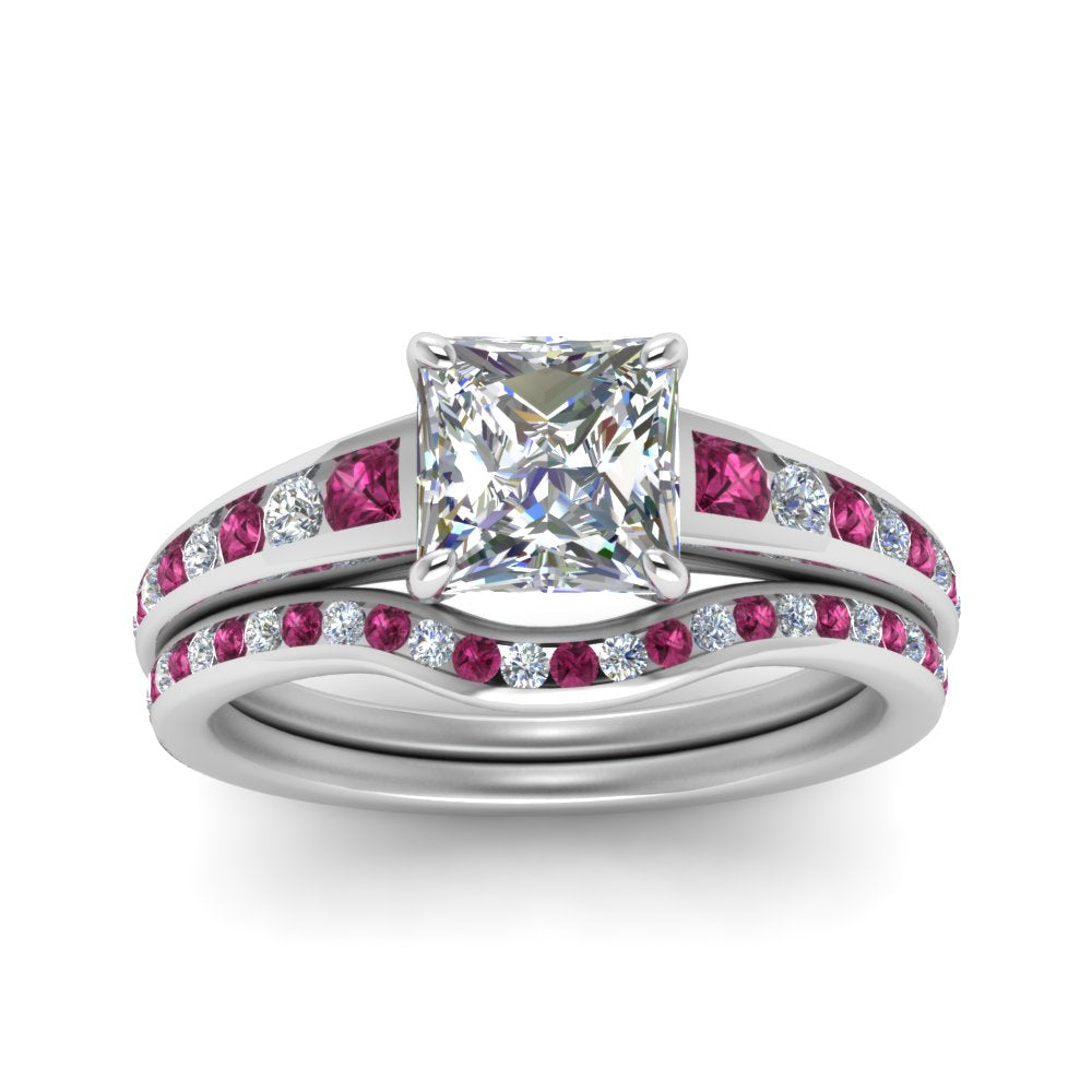 princess-cut-graduated-channel-diamond-wedding-set-with-pink-sapphire-in-FD122866PRGSADRPI-NL-WG