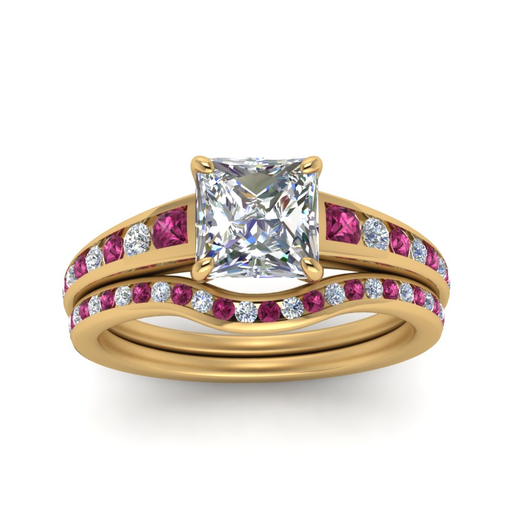 princess-cut-graduated-channel-diamond-wedding-set-with-pink-sapphire-in-FD122866PRGSADRPI-NL-YG