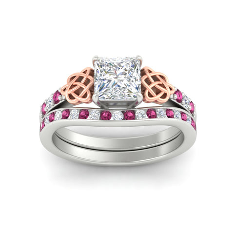 Princess Cut Channel Band Celtic Wedding Set