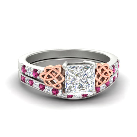 Princess Cut Channel Band Celtic Wedding Set