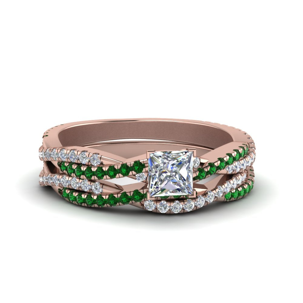 princess-cut-simple-diamond-twisted-vine-bridal-ring-sets-with-emerald-in-14K-rose-gold-FD8233PRGEMGR-NL-RG