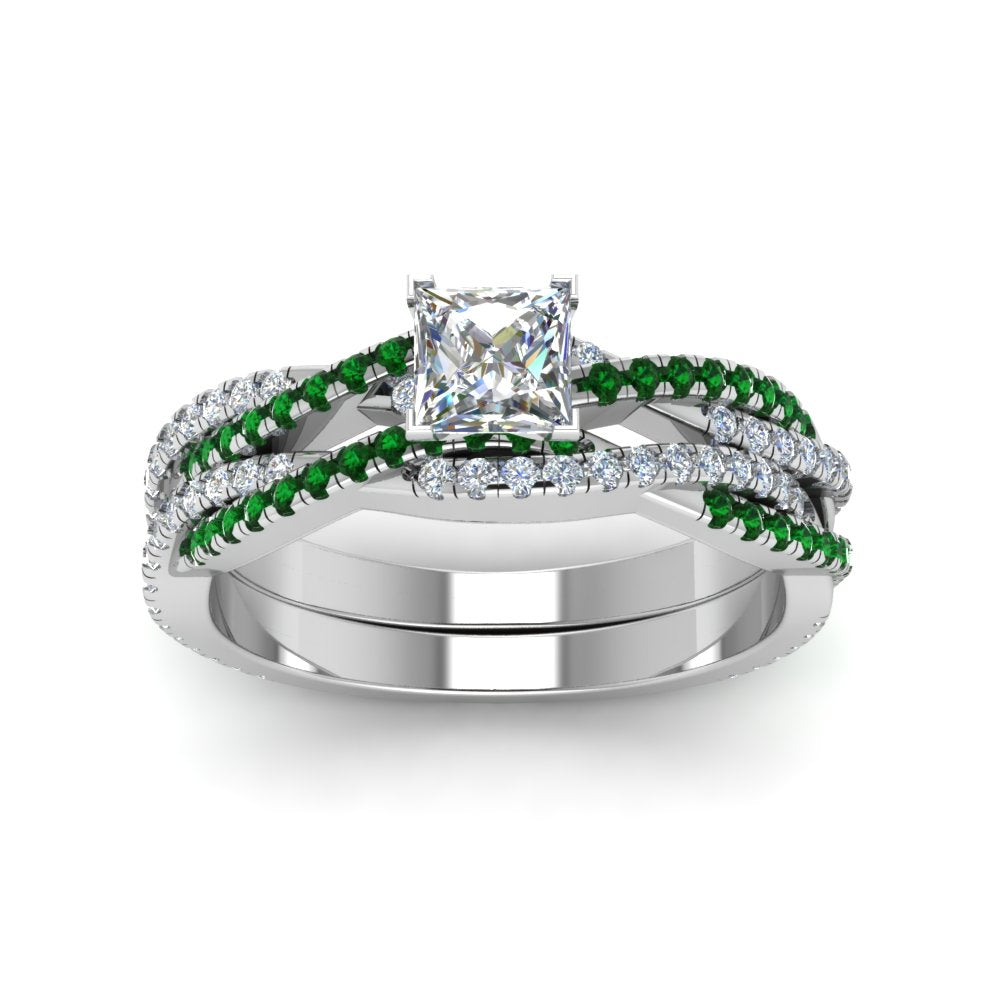 princess-cut-simple-diamond-twisted-vine-bridal-ring-sets-with-emerald-in-14K-white-gold-FD8233PRGEMGR-NL-WG
