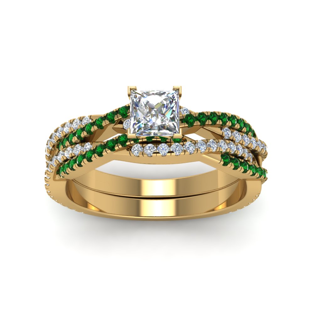 princess-cut-simple-diamond-twisted-vine-bridal-ring-sets-with-emerald-in-14K-yellow-gold-FD8233PRGEMGR-NL-YG