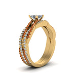 Load image into Gallery viewer, princess-cut-simple-diamond-twisted-vine-bridal-ring-sets-with-orange-sapphire-in-14K-yellow-gold-FD8233PRGSAOR-NL-YG
