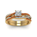 Load image into Gallery viewer, princess-cut-simple-diamond-twisted-vine-bridal-ring-sets-with-orange-sapphire-in-14K-yellow-gold-FD8233PRGSAOR-NL-YG
