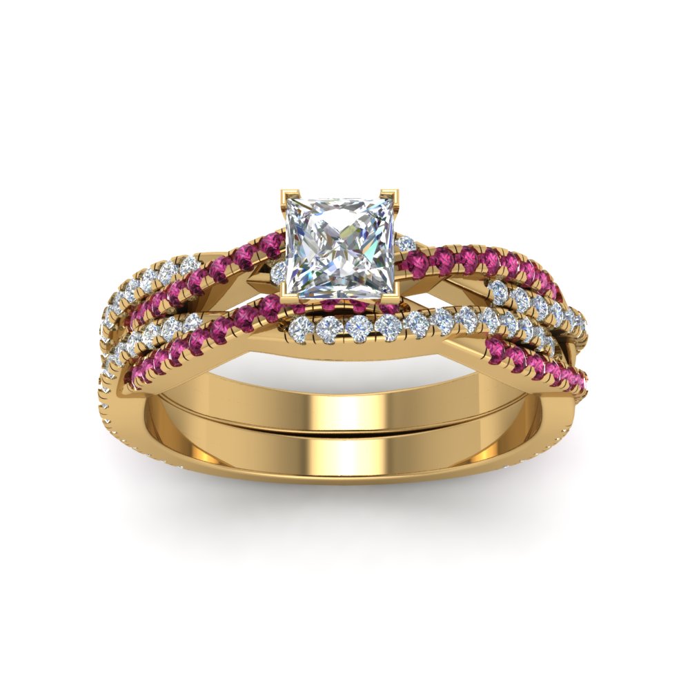 princess-cut-simple-diamond-twisted-vine-bridal-ring-sets-with-pink-sapphire-in-14K-yellow-gold-FD8233PRGSADRPI-NL-YG