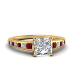 Load image into Gallery viewer, princess-cut-swirl-engraved-channel-accent-diamond-engagement-ring-with-ruby-in-FD122866PRRGRUDR-NL-YG

