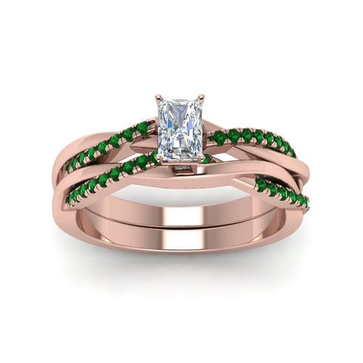 radiant-cut-Infinity-twist-diamond-matching-bridal-set-with-emerald-in-14K-rose-gold-FD8253RAGEMGR-NL-RG