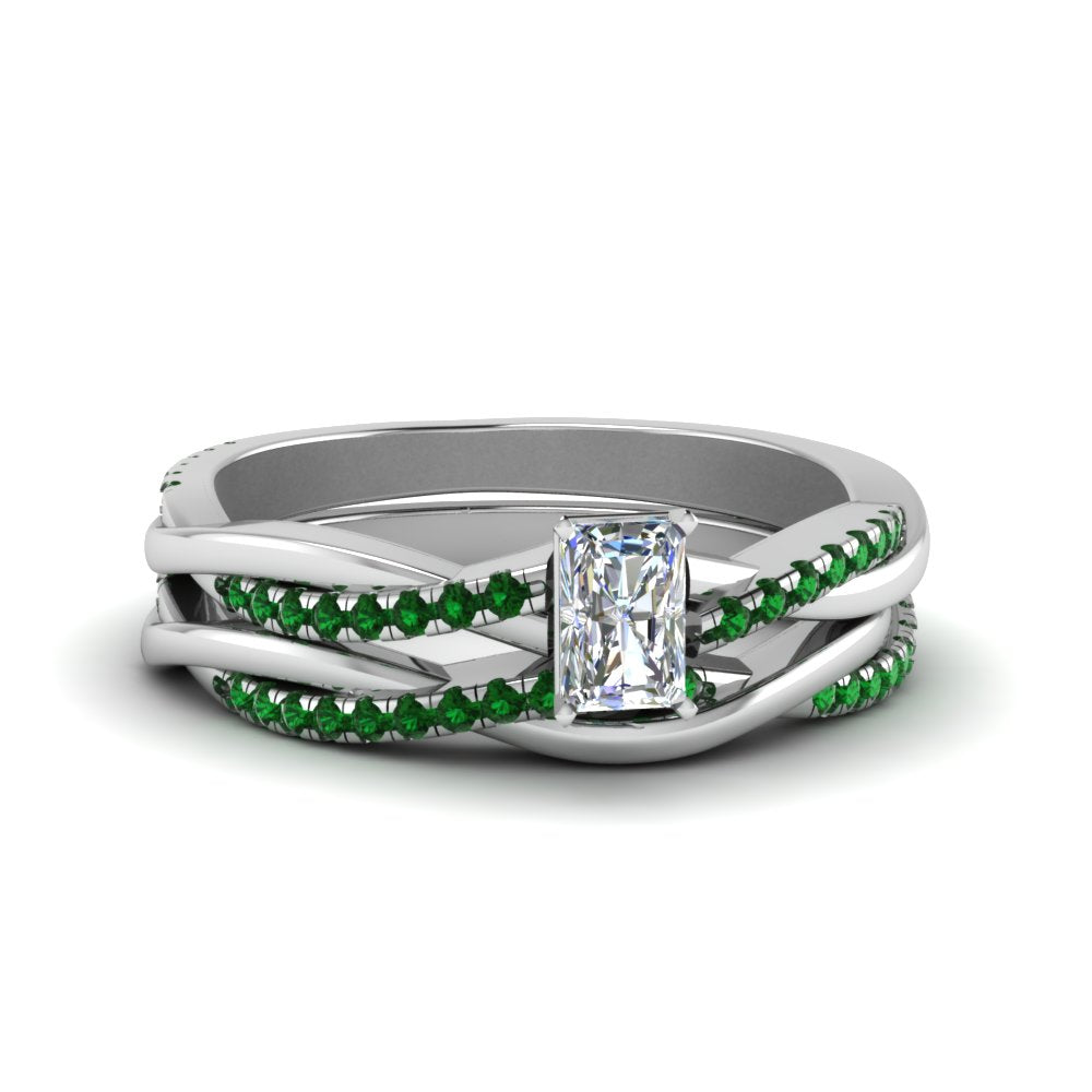 radiant-cut-Infinity-twist-diamond-matching-bridal-set-with-emerald-in-14K-white-gold-FD8253RAGEMGR-NL-WG