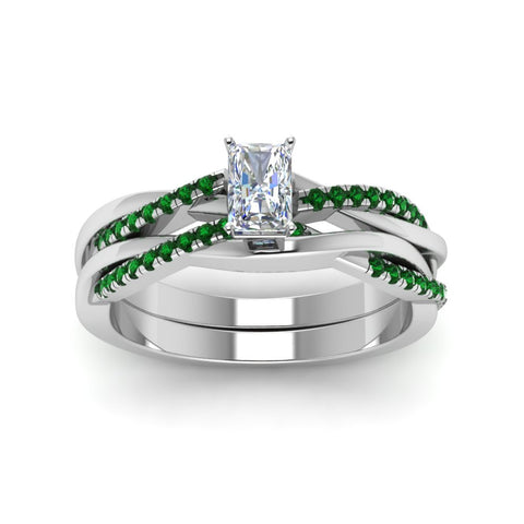 radiant-cut-Infinity-twist-diamond-matching-bridal-set-with-emerald-in-14K-white-gold-FD8253RAGEMGR-NL-WG