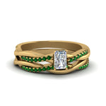 Load image into Gallery viewer, radiant-cut-Infinity-twist-diamond-matching-bridal-set-with-emerald-in-14K-yellow-gold-FD8253RAGEMGR-NL-YG

