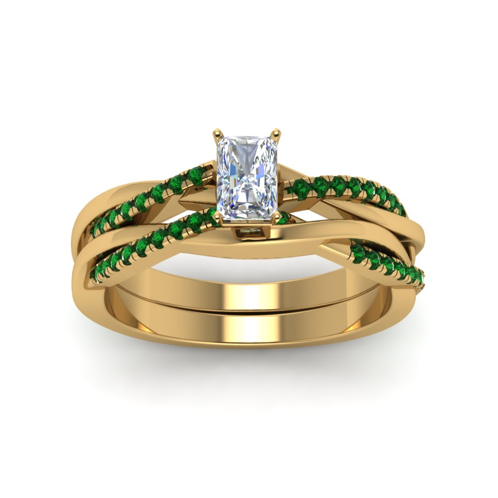 radiant-cut-Infinity-twist-diamond-matching-bridal-set-with-emerald-in-14K-yellow-gold-FD8253RAGEMGR-NL-YG