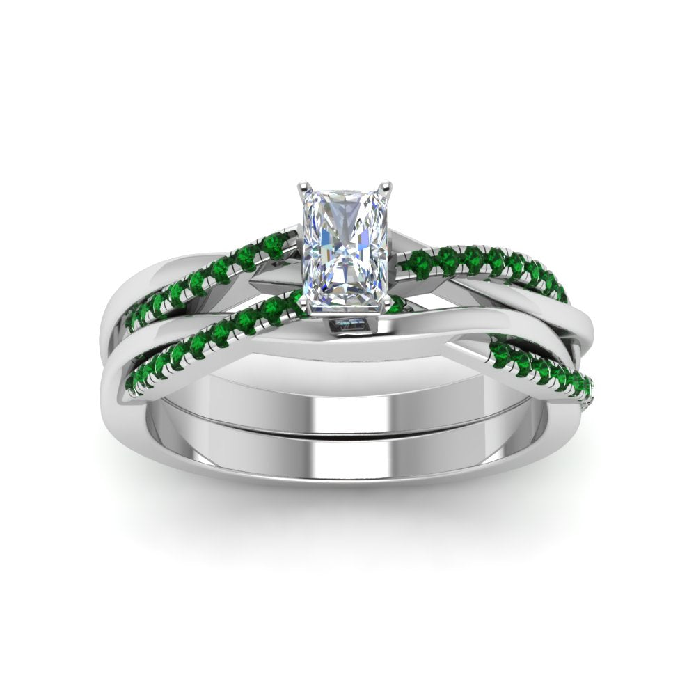radiant-cut-Infinity-twist-diamond-matching-bridal-set-with-emerald-in-950-Platinum-FD8253RAGEMGR-NL-WG