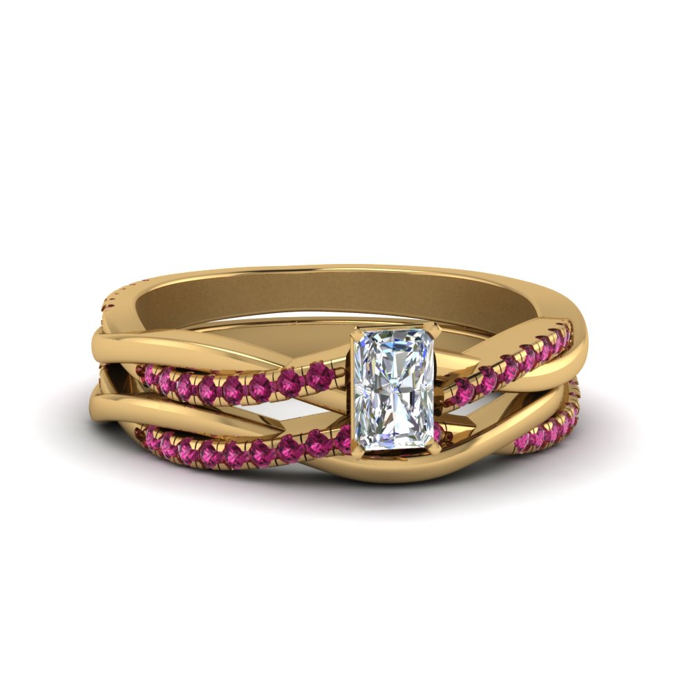 radiant-cut-Infinity-twist-diamond-matching-bridal-set-with-pink-sapphire-in-14K-yellow-gold-FD8253RAGSADRPI-NL-YG