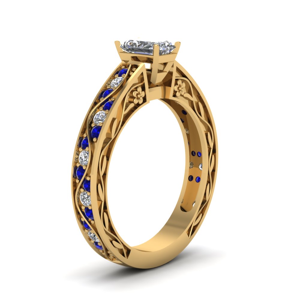 radiant-cut-antique-filigree-diamond-ring-with-blue-sapphire-in-14K-yellow-gold-FDENS3543RARGSABLANGLE2-NL-YG