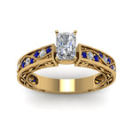 Load image into Gallery viewer, radiant-cut-antique-filigree-diamond-ring-with-blue-sapphire-in-14K-yellow-gold-FDENS3543RARGSABLANGLE5-NL-YG
