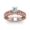 Load image into Gallery viewer, radiant-cut-antique-filigree-diamond-ring-with-pink-sapphire-in-14K-rose-gold-FDENS3543RARGSADRPIANGLE5-NL-RG_7374608a-706a-42b5-9257-cc75042abb56