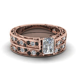 Load image into Gallery viewer, radiant-cut-antique-filigree-wedding-ring-set-with-black-diamond-in-rose-gold-FDENS3543RAGBLACK-NL-RG