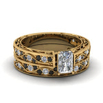 Load image into Gallery viewer, radiant-cut-antique-filigree-wedding-ring-set-with-black-diamond-in-yellow-gold-FDENS3543RAGBLACK-NL-YG
