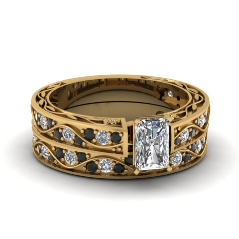 radiant-cut-antique-filigree-wedding-ring-set-with-black-diamond-in-yellow-gold-FDENS3543RAGBLACK-NL-YG