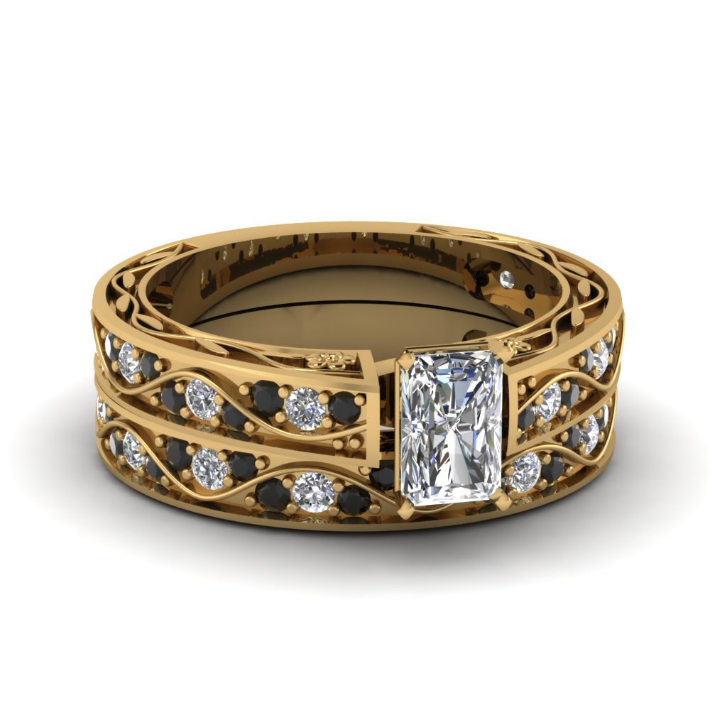 radiant-cut-antique-filigree-wedding-ring-set-with-black-diamond-in-yellow-gold-FDENS3543RAGBLACK-NL-YG