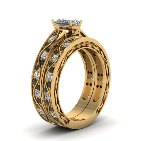 radiant-cut-antique-filigree-wedding-ring-set-with-black-diamond-in-yellow-gold-FDENS3543RAGBLACKANGLE2-NL-YG
