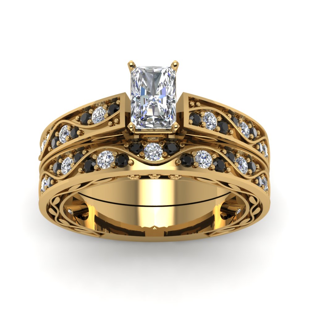 radiant-cut-antique-filigree-wedding-ring-set-with-black-diamond-in-yellow-gold-FDENS3543RAGBLACKANGLE5-NL-YG