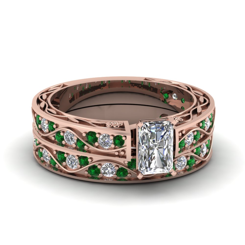 radiant-cut-antique-filigree-wedding-ring-set-with-emerald-in-rose-gold-FDENS3543RAGEMGR-NL-RG