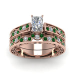 Load image into Gallery viewer, radiant-cut-antique-filigree-wedding-ring-set-with-emerald-in-rose-gold-FDENS3543RAGEMGRANGLE5-NL-RG