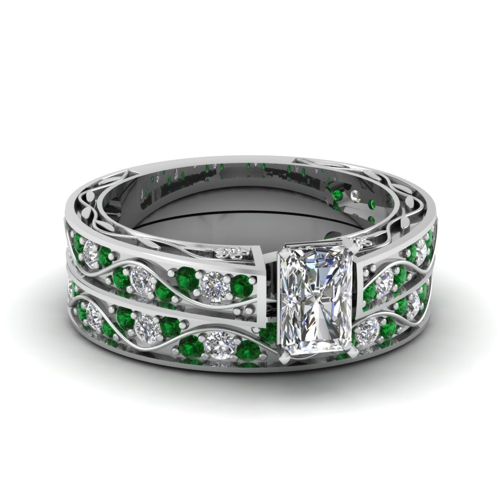 radiant-cut-antique-filigree-wedding-ring-set-with-emerald-in-white-gold-FDENS3543RAGEMGR-NL-WG