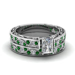 Load image into Gallery viewer, radiant-cut-antique-filigree-wedding-ring-set-with-emerald-in-white-gold-FDENS3543RAGEMGR-NL-WG