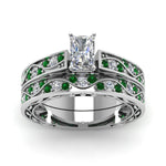 Load image into Gallery viewer, radiant-cut-antique-filigree-wedding-ring-set-with-emerald-in-white-gold-FDENS3543RAGEMGRANGLE5-NL-WG
