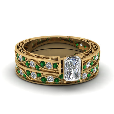 radiant-cut-antique-filigree-wedding-ring-set-with-emerald-in-yellow-gold-FDENS3543RAGEMGR-NL-YG