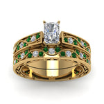 Load image into Gallery viewer, radiant-cut-antique-filigree-wedding-ring-set-with-emerald-in-yellow-gold-FDENS3543RAGEMGRANGLE5-NL-YG