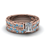 Load image into Gallery viewer, radiant-cut-antique-filigree-wedding-ring-set-with-ice-blue-topaz-in-rose-gold-FDENS3543RAGICBLTO-NL-RG
