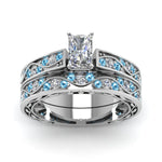 Load image into Gallery viewer, radiant-cut-antique-filigree-wedding-ring-set-with-ice-blue-topaz-in-white-gold-FDENS3543RAGICBLTOANGLE5-NL-WG
