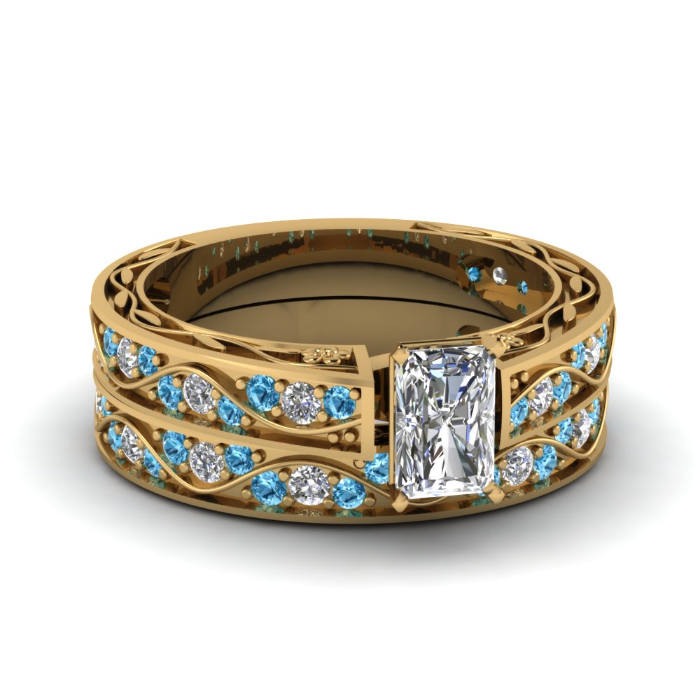 radiant-cut-antique-filigree-wedding-ring-set-with-ice-blue-topaz-in-yellow-gold-FDENS3543RAGICBLTO-NL-YG
