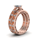 Load image into Gallery viewer, radiant-cut-antique-filigree-wedding-ring-set-with-orange-sapphire-in-rose-gold-FDENS3543RAGSAORANGLE2-NL-RG
