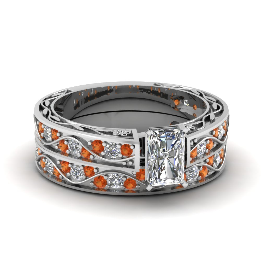 radiant-cut-antique-filigree-wedding-ring-set-with-orange-sapphire-in-white-gold-FDENS3543RAGSAOR-NL-WG
