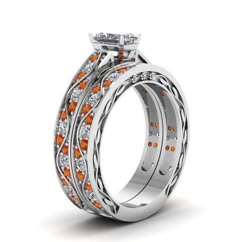 radiant-cut-antique-filigree-wedding-ring-set-with-orange-sapphire-in-white-gold-FDENS3543RAGSAORANGLE2-NL-WG