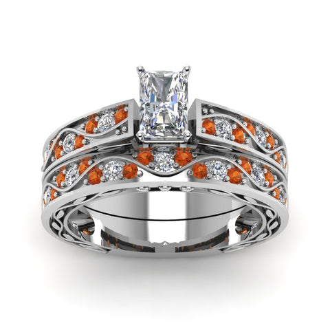 radiant-cut-antique-filigree-wedding-ring-set-with-orange-sapphire-in-white-gold-FDENS3543RAGSAORANGLE5-NL-WG