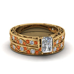 Load image into Gallery viewer, radiant-cut-antique-filigree-wedding-ring-set-with-orange-sapphire-in-yellow-gold-FDENS3543RAGSAOR-NL-YG
